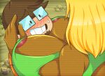  areola areola_slip big_breasts blush breasts brown_body brown_fur eyewear facial_hair female fur furry_force glasses goatee male male/female mammal parody purplevulpes redraw rodent saberspark saberspark_(character) sciurid shy solo white_body white_skin 