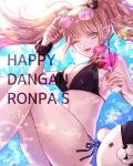  :d bangs bare_shoulders bikini black_bikini blue_background blue_eyes bow breasts cleavage commentary_request danganronpa:_trigger_happy_havoc danganronpa_(series) danganronpa_s:_ultimate_summer_camp english_text enoshima_junko eyebrows_visible_through_hair eyewear_on_head feet_out_of_frame flower glass hand_up happy highres large_breasts looking_at_viewer lower_teeth monokuma nail_polish one_eye_closed pink_flower red_bow red_nails scrunchie side-tie_bikini smile swimsuit teeth twintails twitter_username watermark white_background wrist_scrunchie z-epto_(chat-noir86) 