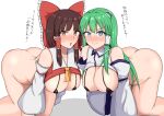  2girls all_fours angry ass black_bra blue_eyes blush bow bra brown_eyes brown_hair clothes_lift collar collarbone collared_shirt green_hair hair_bow hair_tubes hakurei_reimu highres kochiya_sanae long_hair midarin multiple_girls no_pants nontraditional_miko red_bow red_shirt shirt shirt_lift sidelocks simple_background sleeveless sleeveless_shirt smile touhou translation_request underwear v-shaped_eyebrows white_background white_collar white_shirt 