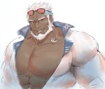  1boy aegir_(housamo) alternate_pectoral_size anchor_earrings aqua_hair bara beard blue_eyes dark-skinned_male dark_skin earrings ep06 facial_hair highres jewelry large_pectorals male_focus mature_male multicolored_hair muscular muscular_male pectoral_cleavage pectorals seductive_smile short_hair single_earring sketch smile solo streaked_hair tokyo_afterschool_summoners upper_body white_hair 