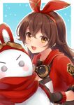  1girl amber_(genshin_impact) bangs blush bow brown_eyes brown_gloves brown_hair commentary genshin_impact gloves goggles goggles_around_neck hair_bow long_hair open_mouth red_bow saeki_hokuto shrug_(clothing) smile snow_bunny solo 