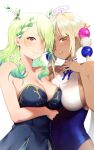 2girls absurdres antlers arm_under_breasts asymmetrical_docking bangs bare_arms bingsardina blonde_hair blue_dress blue_leotard braid branch breast_press breasts ceres_fauna cleavage commentary dark-skinned_female dark_skin dress flower green_hair hair_flower hair_ornament highres hololive hololive_english kaniko_(tsukumo_sana) large_breasts leotard limiter_(tsukumo_sana) long_hair looking_at_viewer mole mole_under_eye multicolored_hair multiple_girls pantyhose parted_lips planet_hair_ornament strapless strapless_dress streaked_hair tsukumo_sana twintails virtual_youtuber white_background white_flower yellow_eyes 