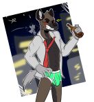  absurd_res aggressive_retsuko anthro blush bulge clothing glowing haida hi_res hyaenid male mammal night sanrio solo star syforg underwear 