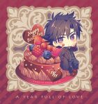  1boy black_coat black_hair black_suit blueberry cake candy chibi chocolate chocolate_cake coat emiya_kiritsugu english_text fate/zero fate_(series) food fruit happy_birthday heart heart-shaped_chocolate kazu10 looking_at_viewer male_focus messy_hair purple_eyes raspberry red_background solo strawberry striped striped_background 