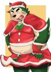  anthro belly biceps blush bottomwear canid canine canis christmas christmas_clothing christmas_headwear clothed clothing crossdressing domestic_dog embarrassed eyebrows fur green_body green_fur hat headgear headwear hi_res holidays lifewonders live-a-hero male mammal mokdai musclegut nazebesu_hobby overweight santa_hat skirt solo thick_eyebrows video_games 