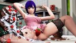  3d accident accidental_exposure anus anus_peek apron armpits blue_eyes blush cake candy censored chocolate cream cream_on_body fallen_down food fruit heart heart-shaped_chocolate highres honey_select illusion_soft kitchen kizuki_hs lingerie mosaic_censoring naked_apron no_bra no_panties purple_hair self_upload solo strawberry tripping underwear valentine 