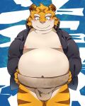  anthro asian_clothing belly big_belly blush bottomless breasts bulge clothed clothing east_asian_clothing felid fundoshi fur humanoid_hands japanese_clothing kemono male mammal moobs navel nikiciy nipples overweight overweight_anthro overweight_male pantherine shirt smile solo tiger topwear underwear yellow_body yellow_fur 