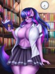  2021 3:4 absurd_res anthro ashimaroo book bottomwear clock clothing digital_media_(artwork) equid equine eyebrows eyelashes female fingers friendship_is_magic hasbro hi_res holding_book holding_object horn inside library looking_at_viewer mammal my_little_pony purple_eyes skirt solo twilight_sparkle_(mlp) unicorn 