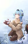  1girl absurdres bare_shoulders blue_hair eula_(genshin_impact) genshin_impact gloves hair_ornament hairband happy harukix hat highres jacket looking_at_viewer outstretched_arms santa_hat smile snow snowman solo sweater top_hat turtleneck turtleneck_sweater winter_clothes yellow_eyes 
