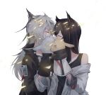  2girls animal_ears arknights black_hair closed_mouth doll grey_hair hand_puppet holding holding_doll implied_kiss jacket lappland_(arknights) long_hair multiple_girls puppet senkane silver_hair simple_background texas_(arknights) vest white_background wolf_ears wolf_girl yuri 