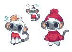 2021 ? animal_crossing anthro blue_eyes bottomless brown_clothing brown_hat brown_headwear charamells_(artist) clothed clothing english_text fur haplorhine hat headgear headwear looking_at_viewer mammal monkey nintendo primate red_beanie red_clothing red_shirt red_sweater red_topwear shirt simple_background smile solo standing sweater text topwear video_games white_background white_body white_fur 