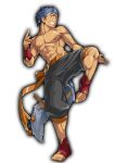  1boy 8_(yamalu) abs bara belt blue_hair bracer grin large_pectorals looking_at_viewer male_focus muscular muscular_male open_mouth orange_belt original pectorals red_footwear smile solo tail topless topless_male yellow_eyes 