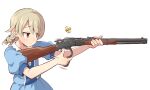  1girl afterimage bangs blue_dress brown_eyes brown_hair closed_mouth collared_dress dress eyebrows_visible_through_hair gun holding holding_gun holding_weapon idolmaster idolmaster_cinderella_girls long_hair looking_away morikubo_nono puffy_short_sleeves puffy_sleeves rifle ringlets shell_casing short_sleeves simple_background solo uccow weapon weapon_request white_background 