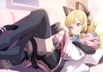  1girl absurdres animal_ear_headphones black_legwear black_skirt blonde_hair blue_archive blue_necktie chamu_(chammkue) closed_mouth coat collared_shirt commentary_request couch halo highres long_hair momoi_(blue_archive) necktie nintendo_switch red_eyes shirt sitting_sideways skirt smile solo tail thighhighs tongue tongue_out v-shaped_eyebrows white_coat white_shirt 