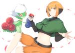  1girl belt black_belt black_hair breasts closed_mouth commentary crop_top gardenia_(pokemon) highres holding holding_poke_ball multicolored_hair navel orange_eyes orange_hair petals poke_ball poke_ball_(basic) pokemon pokemon_(creature) pokemon_(game) pokemon_dppt poncho preste roserade short_hair shorts smile two-tone_hair w_arms 