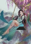  1girl absurdres bare_legs battle_through_the_heavens black_hair dress high_heels highres legs long_hair smile swing_set tree weibo_id weibo_logo yun_yun_(battle_through_the_heavens) yun_yun_guan_bo 