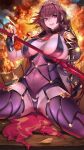  1girl armor between_breasts bodysuit breasts cleavage covered_navel explosion fate/grand_order fate_(series) gae_bolg_(fate) highres large_breasts leotard long_hair necktie necktie_between_breasts pauldrons polearm purple_bodysuit purple_hair purple_leotard qibu_yuren_jiu red_eyes red_necktie scathach_(fate) shoulder_armor slit_pupils smile solo spear spread_legs thighs torn_clothes very_long_hair weapon 