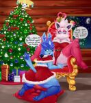 2021 5_fingers 5_toes absurd_res anthro big_breasts blue_body blue_fur breasts camel_toe chair christmas christmas_clothing christmas_lights christmas_present christmas_tree clothing dialogue eeveelution english_text feet female female/female female_focus fingers fur furniture glaceon group hi_res holidays jirachi legendary_pok&eacute;mon looking_at_viewer moon nebssik nintendo pillow pink_body pink_fur plant pok&eacute;ball pok&eacute;mon pok&eacute;mon_(species) spread_legs spreading talking_to_viewer text throne toes tree video_games zorua 