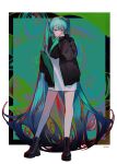  1girl alternate_costume ankle_boots aqua_hair arm_at_side bare_legs black_border black_footwear black_jacket boots border closed_mouth contrapposto cross-laced_footwear curly_hair full_body green_background green_theme grey_eyes hair_between_eyes hand_up hassan_(sink916) hatsune_miku highres jacket lace-up_boots legs_apart light_smile limited_palette long_hair looking_at_viewer multicolored_background no_pants open_clothes open_jacket outline platform_boots platform_footwear psychedelic red_outline ringed_eyes shirt simple_background sleeves_past_wrists solo square standing straight_hair tsurime twintails two-sided_fabric two-sided_jacket very_long_hair vocaloid white_border white_shirt 
