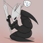  absurd_res blush bodily_fluids breasts female genitals hi_res hollow_knight mossyartburger non-mammal_breasts pussy raised_leg restrained simple_background solo sweat team_cherry video_games 