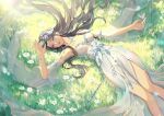  1girl bare_legs battle_through_the_heavens black_hair dress grass long_hair lying see-through_sleeves weibo_id weibo_logo white_dress yun_yun_(battle_through_the_heavens) yun_yun_guan_bo 