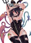  absurdres animal_ears armpits arms_up asymmetrical_wings barcode black_hair black_legwear breasts graffiti highres houjuu_nue playboy_bunny polearm rabbit_ears red_eyes small_breasts sticker tattoo thighhighs torn_clothes torn_legwear touhou trident weapon wings yamazaki_tsukune 