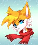  annetpeas blue_eyes canid canine clothing eyelashes fox fur hair male mammal miles_prower portrait red_clothing scarf sega simple_background smile solo sonic_the_hedgehog_(series) teeth white_body white_fur yellow_body yellow_fur 