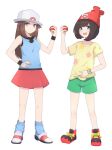  2girls :d beanie black_wristband blue_legwear blue_shirt blush brown_eyes brown_hair bucket_hat eyelashes floral_print full_body green_shorts hair_flaps hand_on_hip hat highres holding holding_poke_ball leaf_(pokemon) long_hair loose_socks multiple_girls open_mouth pleated_skirt poke_ball poke_ball_(basic) pokemon pokemon_(game) pokemon_frlg pokemon_sm preste red_headwear red_skirt selene_(pokemon) shirt shoes short_shorts short_sleeves shorts skirt sleeveless sleeveless_shirt smile sneakers standing symbol-only_commentary t-shirt teeth tied_shirt upper_teeth white_footwear white_headwear wristband 