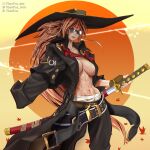  1girl abs absurdres amputee baiken bandages belt black_belt black_headwear black_jacket breasts eyepatch facial_tattoo flarefox guilty_gear highres holding holding_sword holding_weapon jacket large_breasts long_hair navel one-eyed pink_hair ponytail red_eyes samurai scar sheath sunglasses sword tattoo very_long_hair weapon 