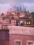  1boy 1girl back blonde_hair bodysuit building city from_behind graffiti gwen_stacy highres hood hood_down marvel mask miles_morales rooftop scenery sengpie short_hair sitting spider-gwen spider-man:_into_the_spider-verse spider-man_(miles_morales) spider-man_(series) superhero window 