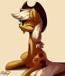  2017 absurd_res applejack_(mlp) blonde_hair bloodatius clothing cutie_mark equid equine female feral friendship_is_magic green_eyes hair hat hat_only headgear headgear_only headwear headwear_only hi_res horse looking_at_viewer mammal mostly_nude my_little_pony one_eye_closed pony simple_background sitting smile solo 