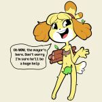  2019 animal_crossing anthro canid canine canis convenient_censorship dialogue domestic_dog english_text female full-length_portrait fur hi_res isabelle_(animal_crossing) itsunknownanon leaf mammal nintendo open_mouth portrait sarcasm shih_tzu solo speech_bubble standing talking_to_viewer text toy_dog video_games yellow_body yellow_fur 