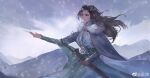  1girl absurdres battle_through_the_heavens black_hair cape dress fur_cape hair_ornament highres icing long_hair mountain snow sword weapon weibo_id weibo_logo yun_yuan yun_yun_(battle_through_the_heavens) 