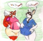  2006 anthro belly big_belly bottomwear breasts brown_hair canid canine clothed clothing danellz eyes_closed female fox fur hair hand_on_hip hand_on_stomach lagomorph leporid mammal multicolored_body multicolored_fur pregnant rabbit shirt skirt thought_bubble topwear traditional_media_(artwork) two_tone_body two_tone_fur 