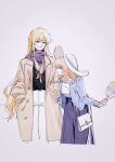  2girls alternate_costume bag bangs blonde_hair blue_skirt blue_sweater blush brown_coat buttons casual coat commentary_request cotton_candy e_(you33ou) eyebrows_visible_through_hair eyelashes grey_background hair_ribbon handbag hands_in_pockets highres holding_another&#039;s_arm long_hair long_skirt long_sleeves looking_at_another multiple_girls pants pink_eyes pink_hair purple_eyes purple_scarf red_ribbon ribbon saigyouji_yuyuko scarf shirt short_hair sidelocks simple_background skirt standing sweater touhou tress_ribbon white_headwear white_pants white_shirt yakumo_yukari 