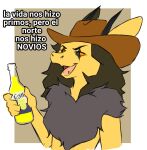  anthro beer_bottle bom_bloom bottle brown_hair clothing cowboy_hat dragon female fenrih fur furred_dragon hair hat headgear headwear humor implied_incest long_hair looking_at_viewer neck_tuft orange_body orange_eyes orange_fur simple_background solo spanish_text text tongue translated tuft 