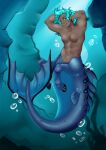  absurd_res arm_fins blue_hair bubble dorsal_fin ear_fins equid european_mythology fin fish_tail greek_mythology hair hands_behind_head hi_res hippocampus hooves humanoid_taur ichthyocentaur iviking long_hair looking_at_viewer male mammal marine marine_taur membrane_(anatomy) merfolk mythology pectoral_fin quartzz sea solo split_form tail_fin taur triton underwater water webbed_hands 