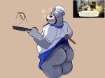  2021 animal_crossing anthro band-aid bandage belly blush chef_hat chef_uniform clothing cooking curt_(animal_crossing) debudraws grey_body hat headgear headwear hi_res humanoid_hands male mammal nintendo overweight overweight_male solo ursid video_games 