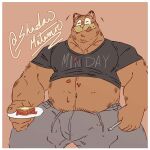  2021 absurd_res anthro belly big_belly big_muscles border bottomwear bulge clothed clothing cutlery domestic_cat eating english_text eyebrows eyes_closed felid feline felis food fork fur garfield_(series) garfield_the_cat hi_res holding_fork holding_object holding_plate kitchen_utensils lasagna licking licking_lips licking_own_lips male mammal musclegut muscular muscular_anthro muscular_male navel overweight overweight_anthro overweight_male pants pasta pecs pink_background plate self_lick shadowmatamori shirt signature simple_background sitting smile solo sweatpants t-shirt text text_on_clothing text_on_shirt text_on_topwear tongue tongue_out tools topwear tuft url white_border 