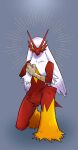  blaziken blue_eyes closed_mouth colored_sclera commentary full_body grey_background hand_up highres looking_at_viewer one_knee pkpokopoko3 pokemon pokemon_(creature) red_fur solo yellow_sclera 