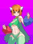  1girl bare_shoulders black_hair blush cosplay drunkoak gardenia_(pokemon) green_legwear highres midriff multicolored_hair navel orange_eyes orange_hair pokemon pokemon_(game) pokemon_dppt purple_background roserade roserade_(cosplay) scarf short_hair shorts skin_tight sleeveless sweat sweatdrop thighhighs two-tone_hair 