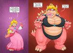  anthro armband before_and_after big_breasts bikini bikini_bottom bikini_top black_bikini black_clothing black_swimwear blonde_hair breasts claws clothing crown dress female hair hi_res horn human koopa koopa_shell lipstick makeup mammal mario_bros nintendo overweight overweight_anthro pink_lipstick princess_koopa princess_peach saturnxart scalie shell solo species_transformation spiked_armband spiked_tail spikes spikes_(anatomy) swimwear text thick_thighs transformation turtle_shell video_games 