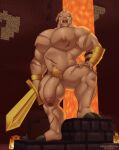  2021 anthro armor armpit_hair balls barazoku bent_leg big_balls big_muscles big_nipples big_pecs big_penis body_hair bracers brick flaccid foreskin genitals gold_(metal) hair hand_on_leg hi_res holding_object holding_sword holding_weapon hooves humanoid_genitalia humanoid_penis hunnipanda lava looking_at_viewer male mammal melee_weapon microsoft minecraft mojang muscular muscular_anthro muscular_male navel nether nipples nude pecs penis piglin piglin_brute pubes rock scar solo standing suid suina sus_(pig) sword thick_thighs tusks unconvincing_armor video_games weapon white_eyes xbox_game_studios 