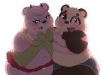  2021 anthro belly black_body blush bottomwear clothed clothing duo female giant_panda horn kemono kusosensei mammal navel overweight overweight_female pink_body shorts ursid 