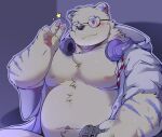  2021 anthro belly blush cai_yuwang clothed clothing controller eyewear felid fur game_controller glasses hi_res hoodie humanoid_hands kemono male mammal moobs navel nipples one_eye_closed open_clothing open_hoodie open_topwear overweight overweight_male sitting solo topwear white_body white_fur wink 