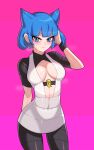  1girl bangs black_legwear blue_eyes blue_hair blush breasts cleavage cleavage_cutout clothing_cutout covered_navel dress drunkoak genderswap genderswap_(mtf) hand_on_own_face highres no_bra pantyhose pink_background pokemon pokemon_(game) pokemon_dppt saturn_(pokemon) solo sweat sweatdrop team_galactic white_dress 