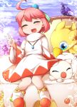  1girl ahoge blush boots chocobo cloud dragon final_fantasy final_fantasy_fables fun_bo green_eyes moogle open_mouth pink_hair robe shirma short_hair smile v white_mage 