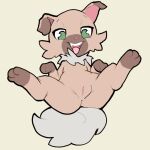  2019 anthro canid canine female front_view full-length_portrait fur genitals green_eyes grey_tail hi_res itsunknownanon lying mammal neck_tuft nintendo nude on_back open_mouth open_smile pok&eacute;mon pok&eacute;mon_(species) portrait presenting presenting_pussy pussy rockruff semi-anthro smile solo spread_legs spreading tan_body tan_fur tongue tongue_out tuft video_games 
