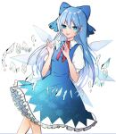  1girl :p alternate_hair_length alternate_hairstyle bangs blue_bow blue_dress blue_eyes blue_hair blush bow breasts cirno collared_shirt commentary_request crystal dress feet_out_of_frame frilled_bow frilled_dress frills hair_bow highres ice ice_wings legs long_hair looking_at_viewer necono_(nyu6poko) pinafore_dress puffy_short_sleeves puffy_sleeves red_neckwear red_ribbon ribbon shard shiny shiny_hair shiny_skin shirt short_sleeves simple_background small_breasts snowflake_print solo tongue tongue_out touhou white_background white_shirt white_sleeves wing_collar wings 