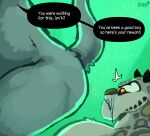  2021 absurd_res anthro belly biped bluesh butt dreamworks duo english_text felid green_background hi_res kai_the_collector kung_fu_panda lying male mammal overweight pantherine simple_background snow_leopard tai_lung_(kung_fu_panda) text 